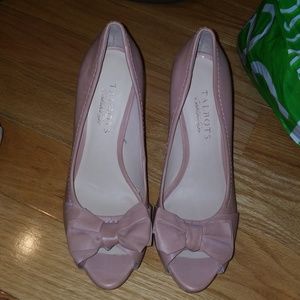 Blush leather peep toe pumps